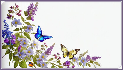 Beautiful desktop wallpaper/background with flowers and butterflies, empty white copy space for text or additional images, generative AI, digtal art
