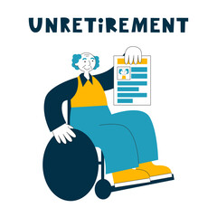Unretirement concept. Old elderly disabled man in a wheelchair holds CV resume. Seniors recruitment to workforce. Equal rights, diversity, inclusion against age discrimination.