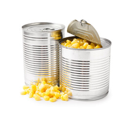 Tin cans and corn kernels isolated on white background
