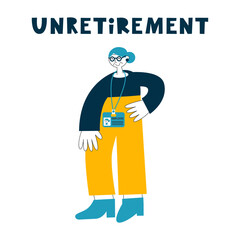 Unretirement concept. Old elderly woman stands with an employee badge. Seniors recruitment to workforce. Equal rights, diversity, inclusion against age discrimination. Vector flat illustration.