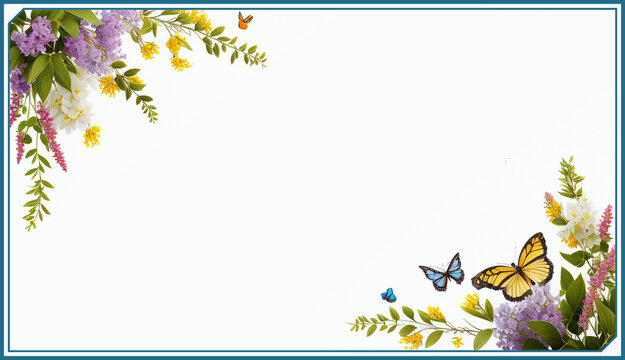 Beautiful desktop wallpaper/background with flowers and butterflies, empty white copy space for text or additional images, generative AI, digtal art