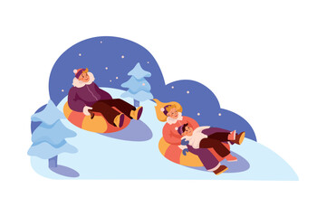 Happy Family in Winter Season Sliding Downhill on Donut Tube Vector Illustration