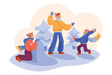 Happy Family in Winter Season Playing Snowballs Outdoor Vector Illustration