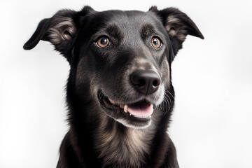 Close up portrait cute funny gray black brown dog smiling on isolated white background. A beautiful dog photo for advertises.
