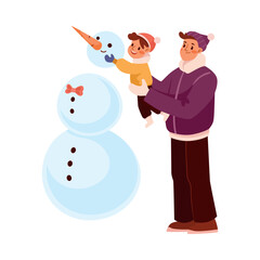 Winter Season with Happy Dad and Little Son Building Snowman Vector Illustration