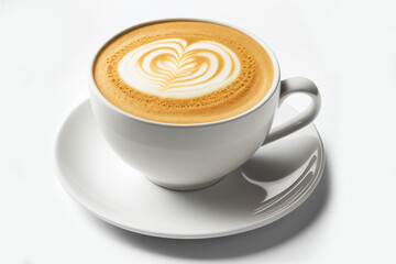 Close up shot of hot latte coffee with latte art in a ceramic white cup and saucer on white background with clipping path.