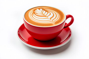 Close up shot of hot latte coffee with latte art in a ceramic red cup mug and saucer on white background with clipping path.