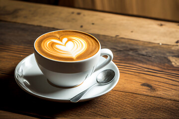 Close up shot of hot latte coffee with latte art in a ceramic white cup and saucer in the cafe.
