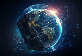 Obraz premium Space communications satellite in orbit around the Earth..