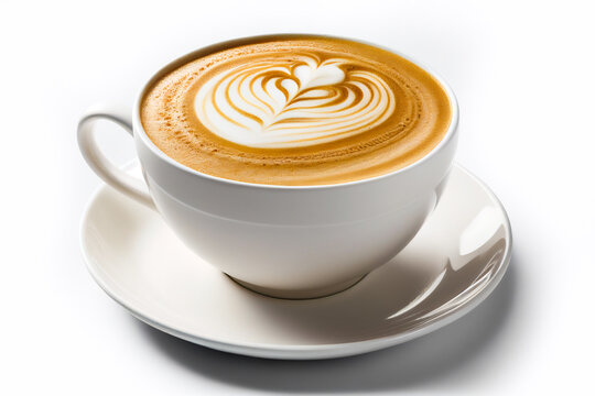 Close up shot of hot latte coffee with latte art in a ceramic white cup and saucer on white background with clipping path.