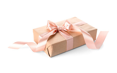 Gift box with beige bow for Valentine's Day on white background