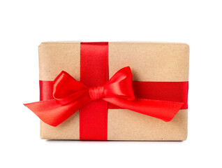 Gift box with red bow for Valentine's Day on white background