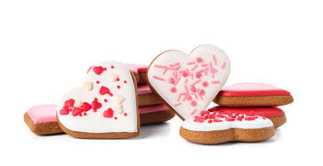 Heap of sweet heart shaped cookies isolated on white background. Valentine's Day celebration