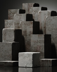 Stone podium or pedestal for product showcase presemtation. Stand product mockup. Dark rock background product stage. 3d render illustration