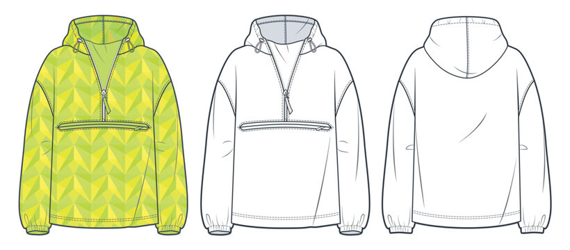 Unisex Hoodie fashion design. Set of Hoodie Sweatshirt fashion flat technical drawing template, zip-up, front and back view, white, women, men CAD mockup.