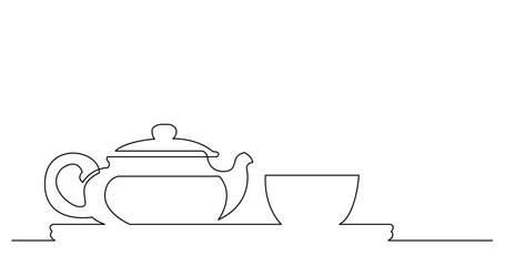 continuous line drawing of asian style tea pot and cup - PNG image with transparent background