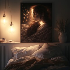 bedroom with a  beautiful dreamlike painting of a women