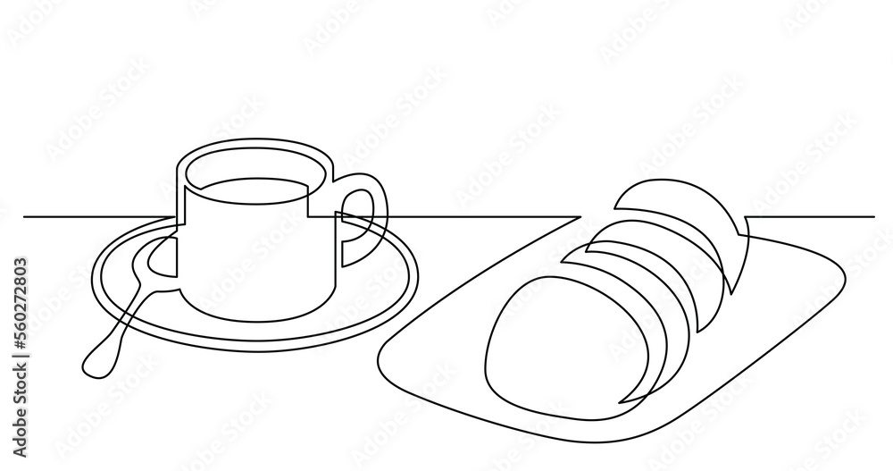 Poster continuous line drawing of cup of coffee with bisquits - png image with transparent background
