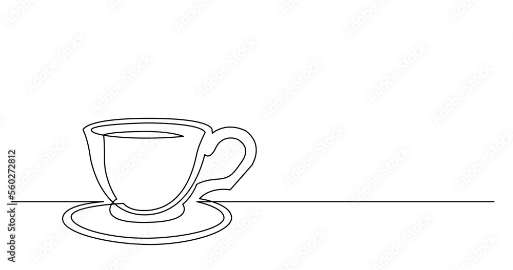 Poster continuous line drawing of cup of coffee with saucer - png image with transparent background