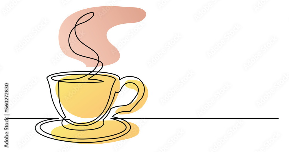 Poster continuous line drawing of cup of hot coffee with saucer color - png image with transparent backgrou