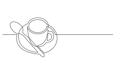 continuous line drawing of cup of coffee with spoon and saucer - PNG image with transparent background