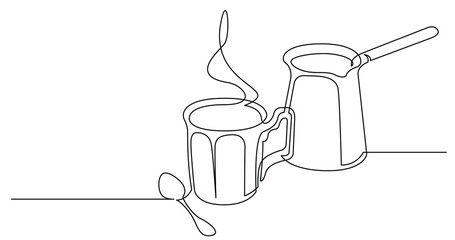 continuous line drawing of cup of hot coffee and traditional turkish jezva - PNG image with transparent background