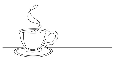 continuous line drawing of cup of hot coffee with saucer - PNG image with transparent background
