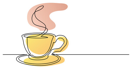 continuous line drawing of cup of hot coffee with saucer color - PNG image with transparent background