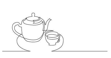 continuous line drawing of cup of tea and tea pot - PNG image with transparent background
