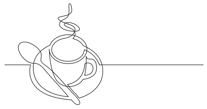 continuous line drawing of cup of hot coffee with spoon and saucer - PNG image with transparent background