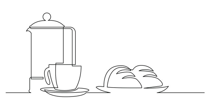 continuous line drawing of french press cup of coffee and croissants - PNG image with transparent background
