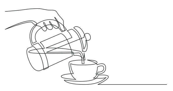 continuous line drawing of hand holding french press pouring coffee in cup - PNG image with transparent background