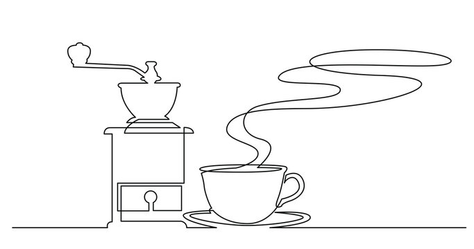 continuous line drawing of hot aroma cup of coffee and vintage manual coffee grinder - PNG image with transparent background