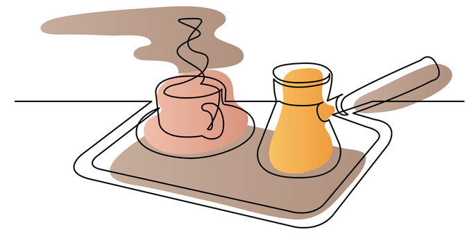 continuous line drawing of hot fresh cup of coffee and jezve on tray color - PNG image with transparent background