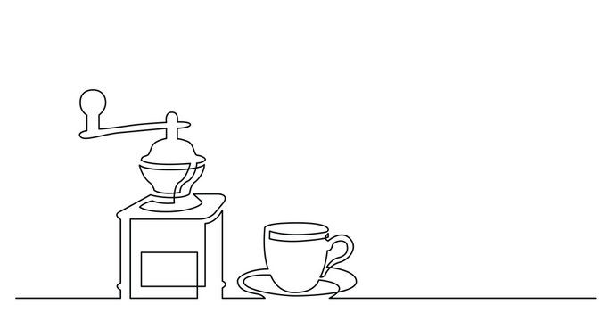 contiuous line drawing of vintage style coffee grinder and cup of coffee - PNG image with transparent background