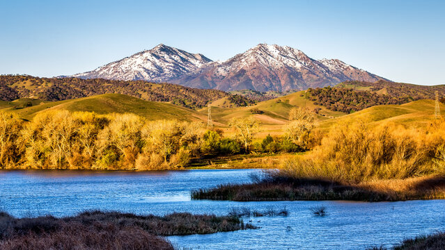 A snowy Mt.Diablo with blue water and yellow brush in the foreground viewed from the East Bay in California