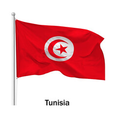 Flag of the Republic of Tunisia in the wind on flagpole, isolated on white background, vector