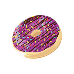 A piece of donut decorated with colored glaze sparkling icing on a white background