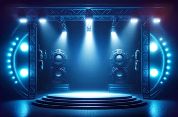 Schilderijen op glas Stage and blue spotlights as musical concert background. Postproducted generative AI digital illustration. © LeArchitecto