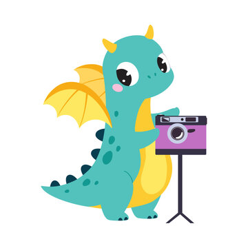 Cute Turquoise Little Dragon with Wings Taking Photo with Camera Vector Illustration