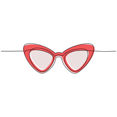 Red cat eye sunglasses vector one line continuous drawing illustration. Hand drawn linear silhouette icon. Minimal design element for print, banner, card, wall art poster, brochure.