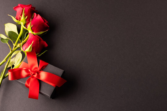 Image of close up of red roses and present and copy space on black background