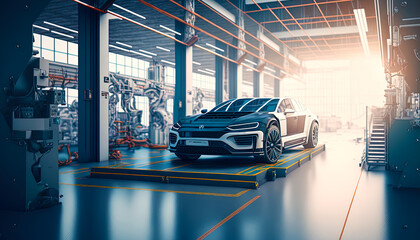 Interior of factory with assembly line for modern cars. Postproducted generative AI digital illustration.