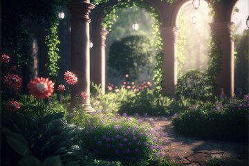 Fototapeta na wymiar a lovely garden with beautiful light. pretty woody colorful flowers.