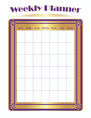 Retro Weekly Planner for a Month. Week Starting Sunday. Undated. Purple, Gold.