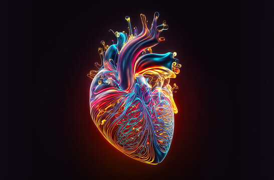 Glowing lines at human heart 3D shape on dark background. Postproducted generative AI digital illustration.