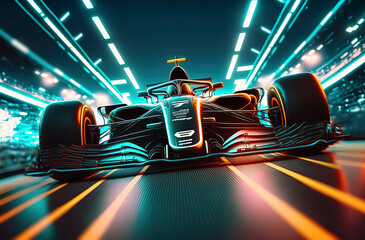 Fototapeta Futuristic racing formula at fast ride to finish. Postproducted generative AI digital illustration. obraz