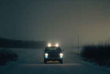 A mysterious car waits on a snowy lonely road.	