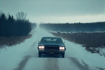 A mysterious car waits on a snowy lonely road.	