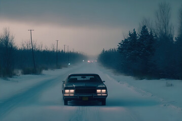 Fototapeta na wymiar A mysterious car waits on a snowy lonely road. 